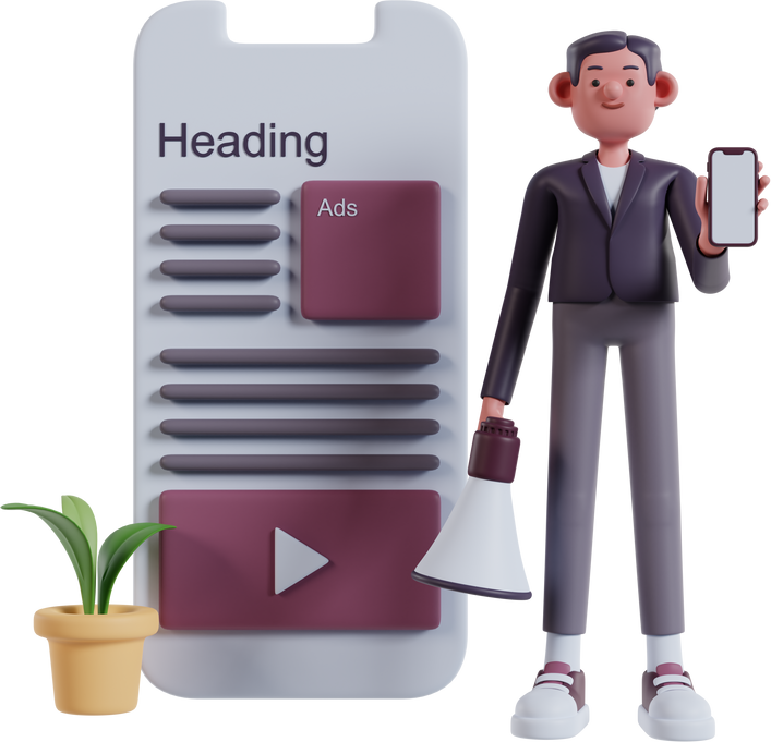 3d character of young businessman promoting mobile phone advertising